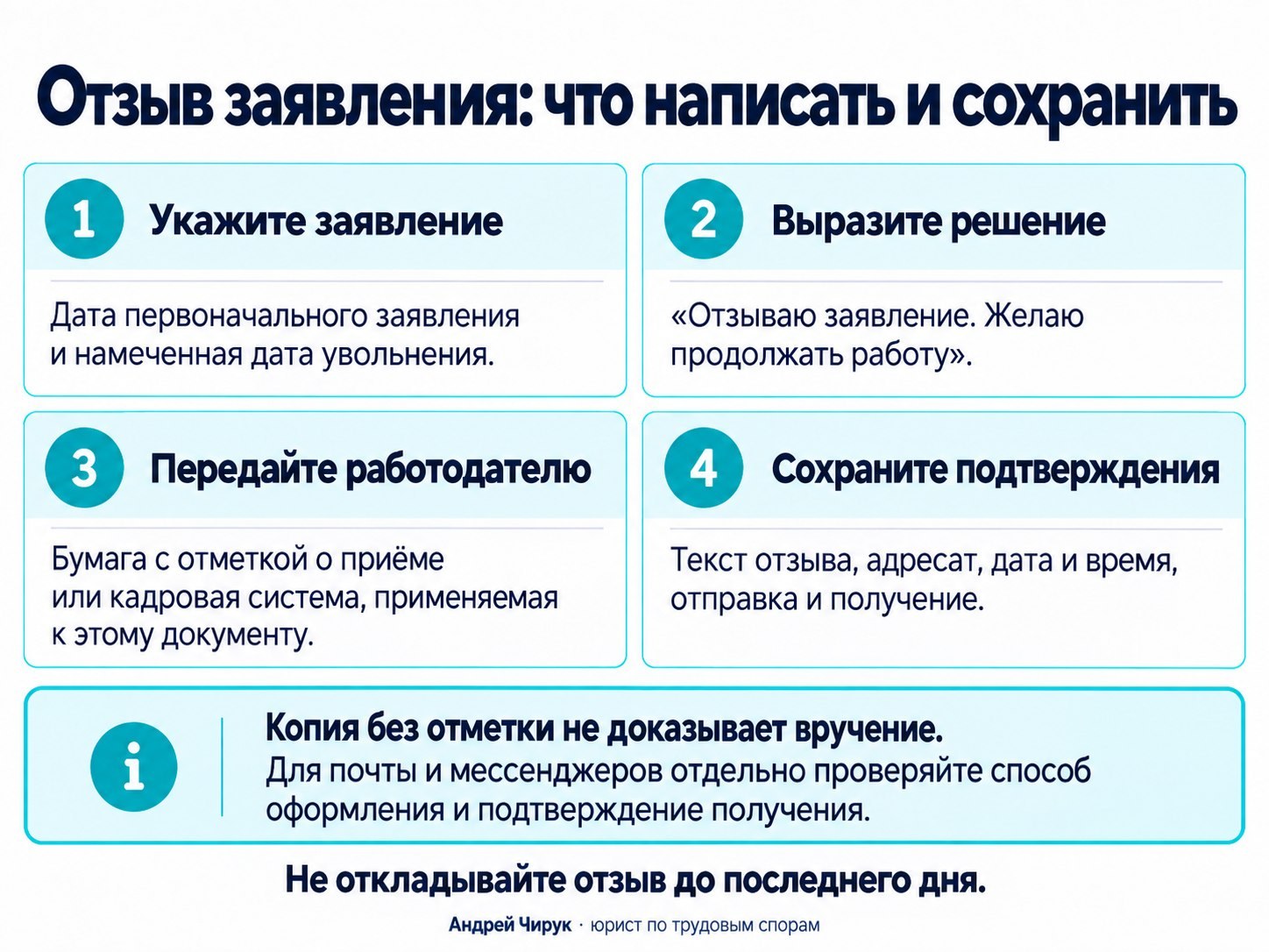 Четыре действия для отзыва заявления: указать документ, выразить желание работать, передать работодателю и сохранить подтверждения
